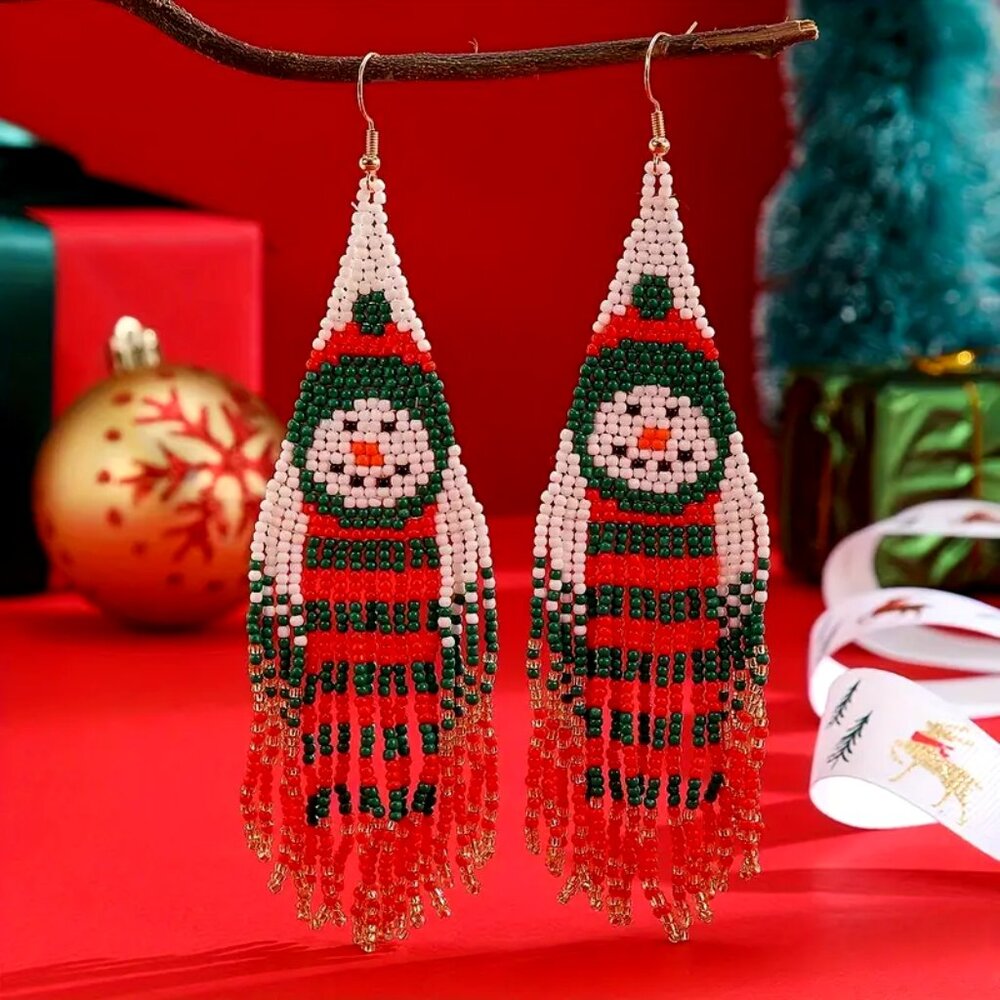 Super Cute Handmade Vintage Snowman Bead Tassel • Christmas Earrings